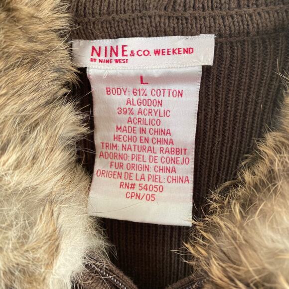 Nine & Co brown full zip sweater jacket with rabbit fur hood size large - Picture 8 of 8